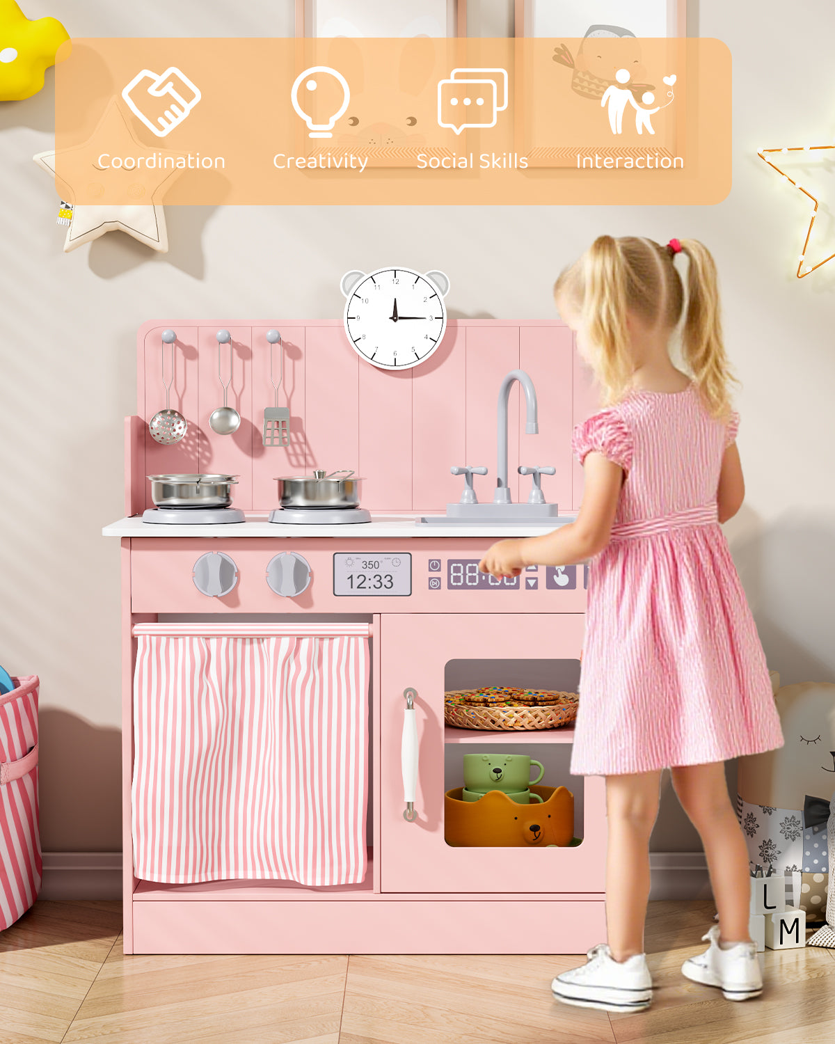 Arlopu Kids Pretend Play Kitchen Set, Wooden Kitchen Playset with Cookwares for Boys & Girls