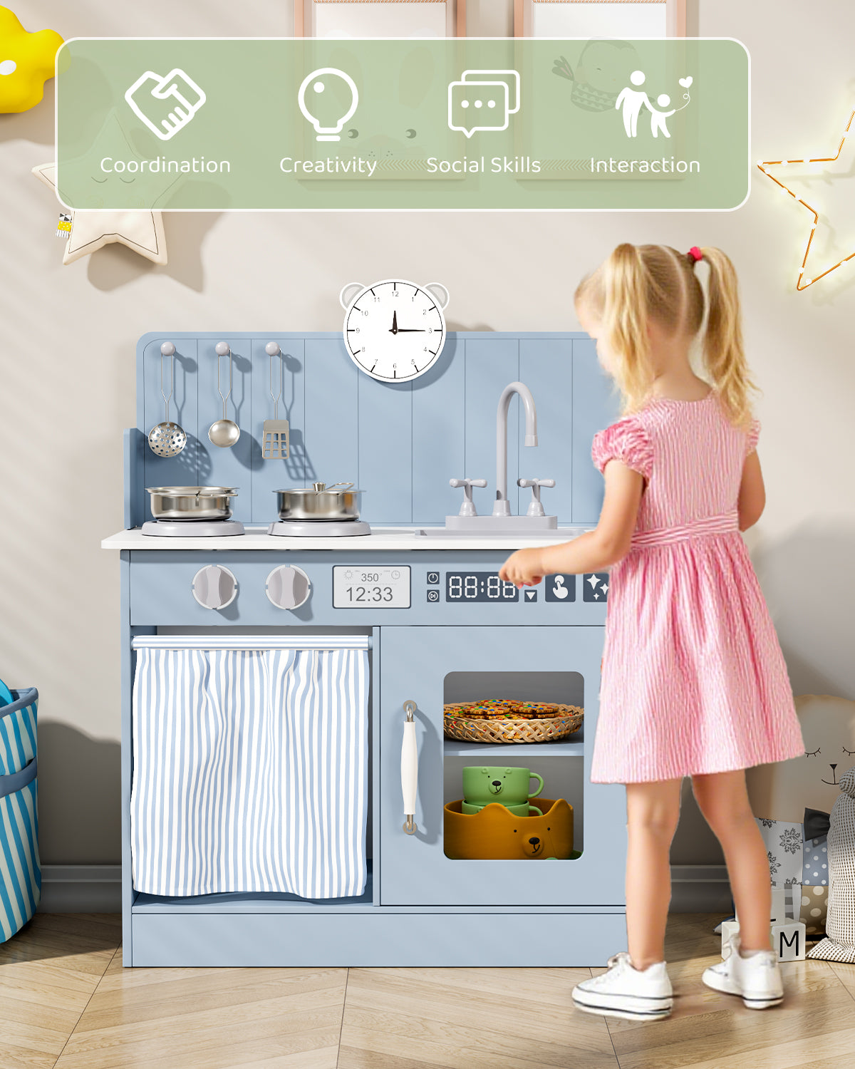Arlopu Kids Pretend Play Kitchen Set, Wooden Kitchen Playset with Cookwares for Boys & Girls