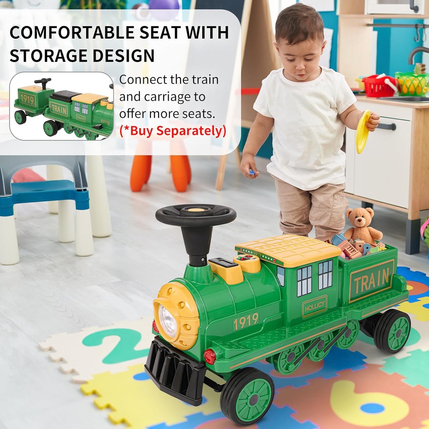 Arlopu Kids Ride on Train with Carriage, 3-Seater Powered Ride on Toy for Toddlers, Boys, Girls