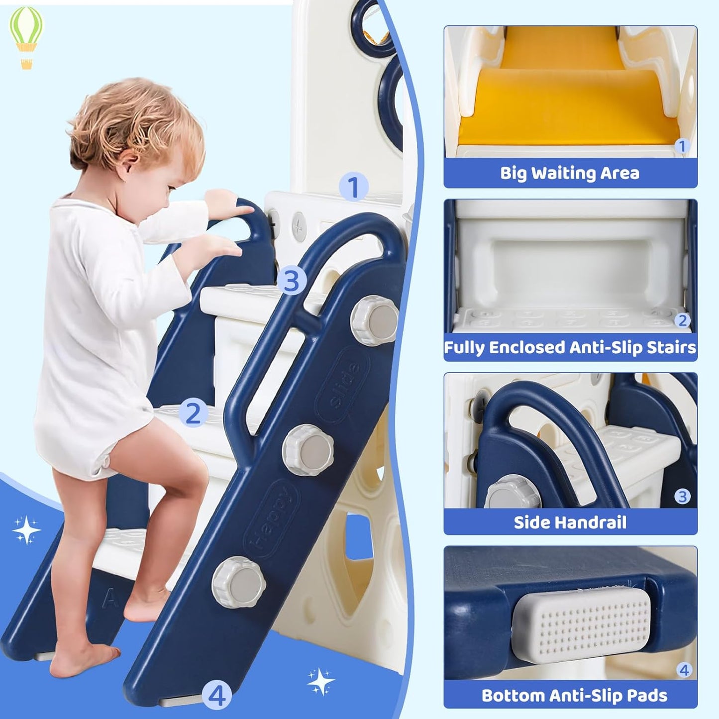 Arlopu Kids Slide and Swing Set, Large Toddler Slide Climber Playset with Ball & Hoop, Storage Space, Anti-Slip Steps, Indoor Outdoor Playground