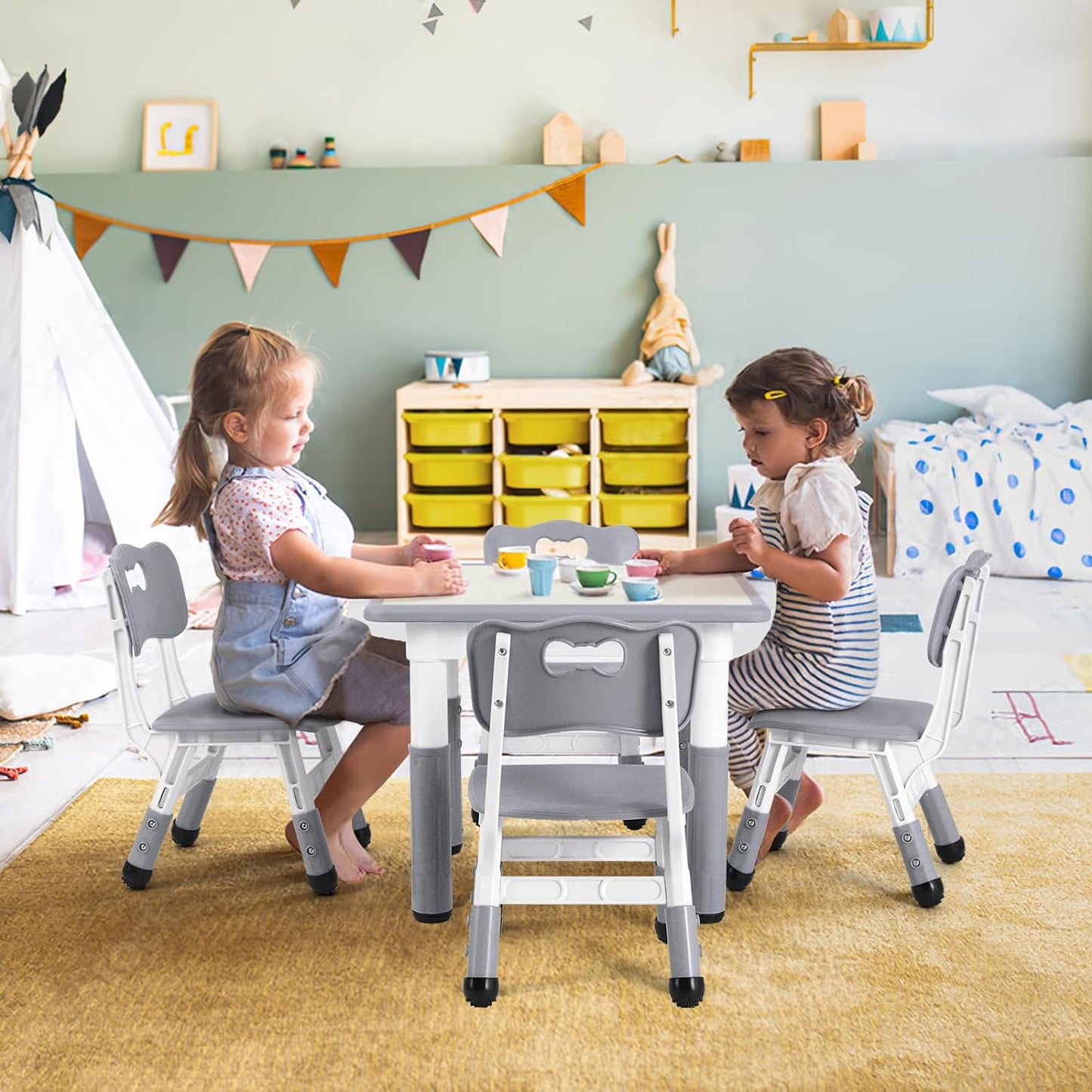 Arlopu Kids Study Table and Chair Set, Height Adjustable Children Desk and 4 Chairs Set, Toddler Multi-Activity Table Set for Reading, Drawing, Eating, Max 220lbs