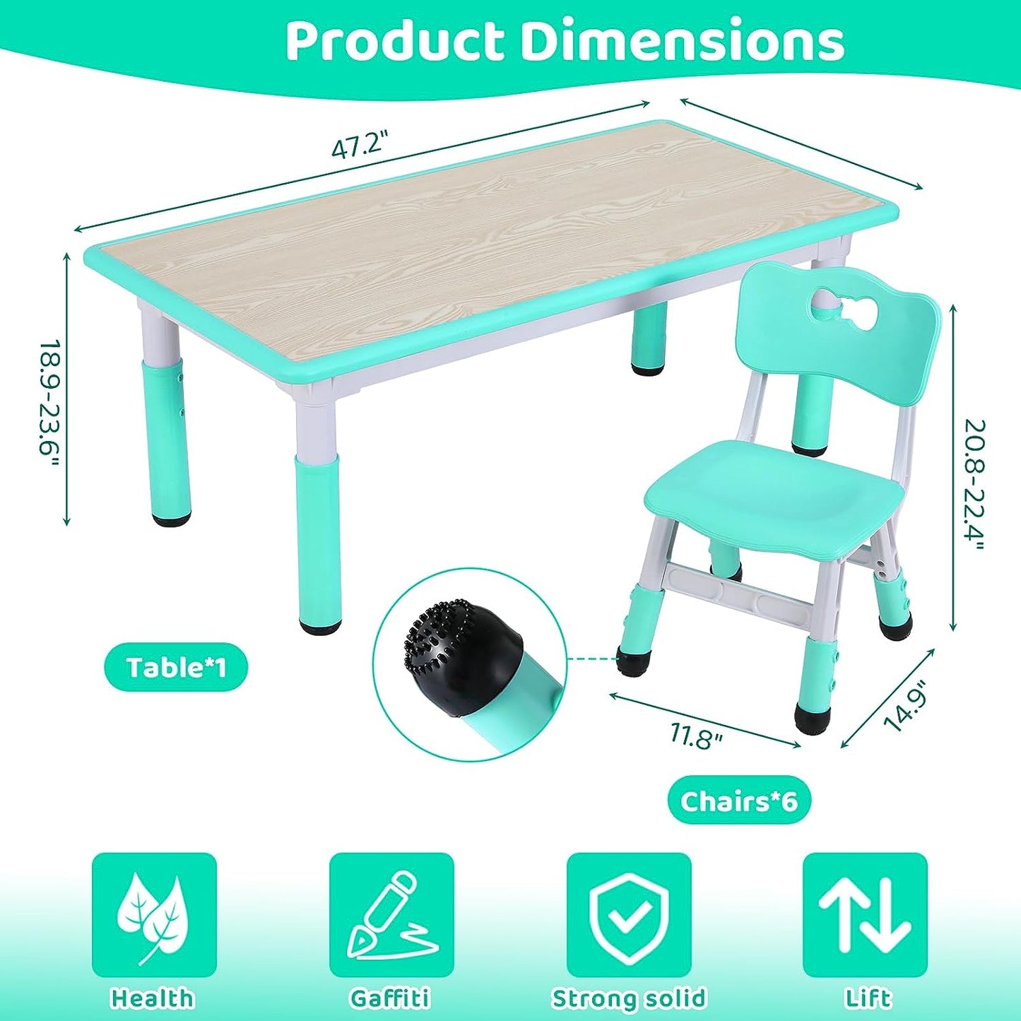 Arlopu Kids Table and Chairs Set, Plastic Toddler Play Table with 6 Chairs Set Graffiti Table for Daycare Classroom Playroom