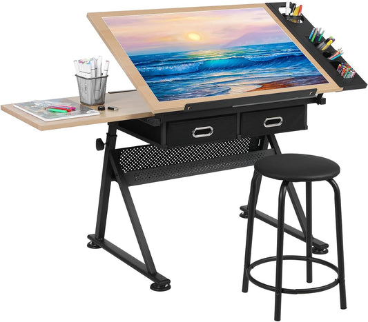 Arlopu Height Adjustable Drafting Table with Stool Set, Tilting Tabletop Art Craft Desk w/2 Storage Drawers and Side Table for Home Office School Study Room MDF Work Station | Drawing Desk