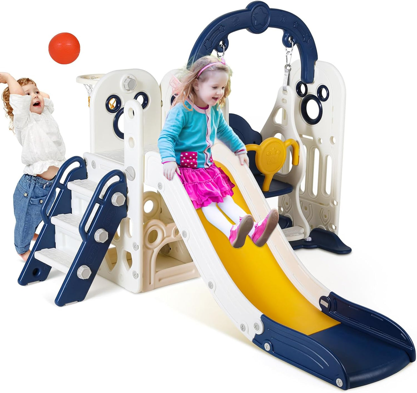 Arlopu Kids Slide and Swing Set, Large Toddler Slide Climber Playset with Ball & Hoop, Storage Space, Anti-Slip Steps, Indoor Outdoor Playground