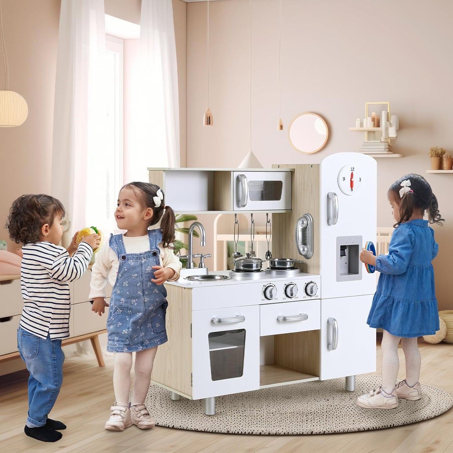 Arlopu Pretend Play Kitchen Wooden Toy Kitchen Playset for Kids with Telephone, Utensils, Oven, Microwave