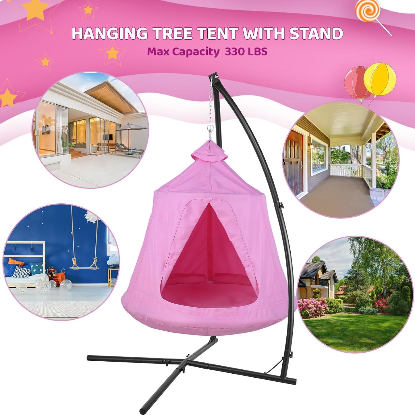 Arlopu X-Shaped Hammock Chair Stand w/Swing Chair, Hanging Tree Tent Canopy w/Steel Frame, Indoor Outdoor Egg Basket Patio Seat w/Adjustable Solid Stand, Bedroom Porch Balcony Garden 330lb