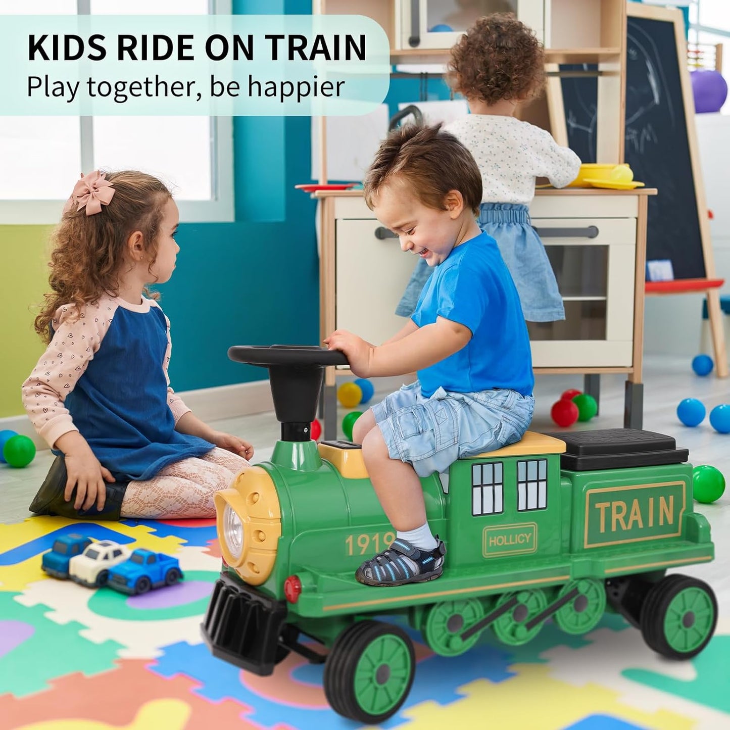 Arlopu Kids Ride on Train with Carriage, 3-Seater Powered Ride on Toy for Toddlers, Boys, Girls