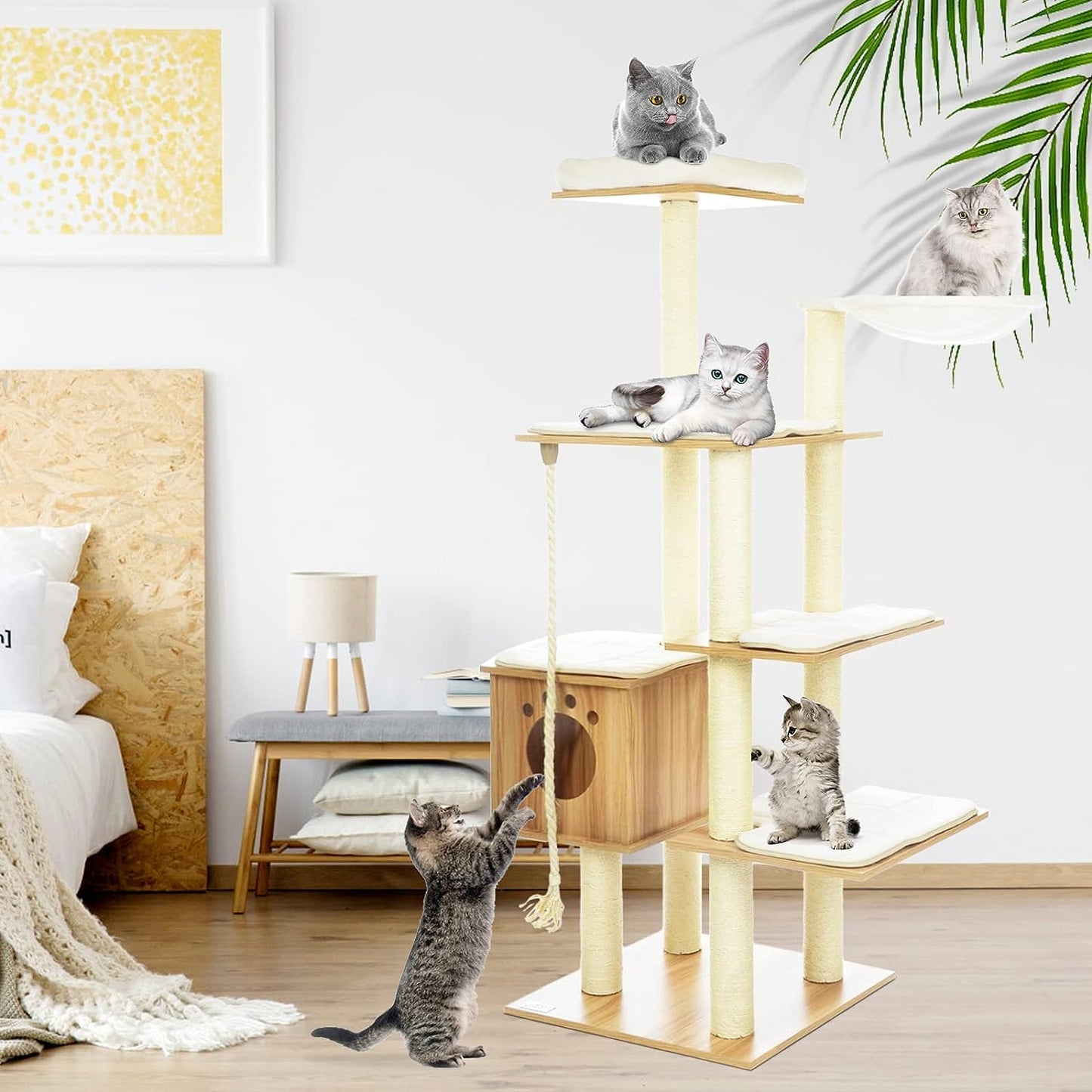 Arlopu 69'' Wood Large Cat Tree Tower, Modern Multi-Level Cat Climbing Stand, Tall Cat Condo Home & Garden, Cat Activities House W/ Scratching Post, Mats, Perch, Hammock