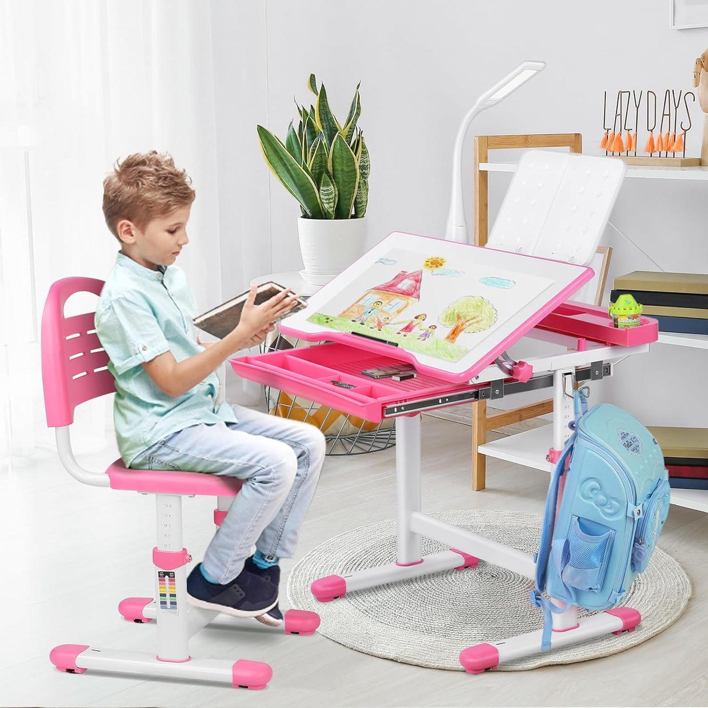 Arlopu Kids Desk and Chair Set, Adjustable Height Children Study Table  with LED Lamp, Tilt Desktop and Storage Drawer