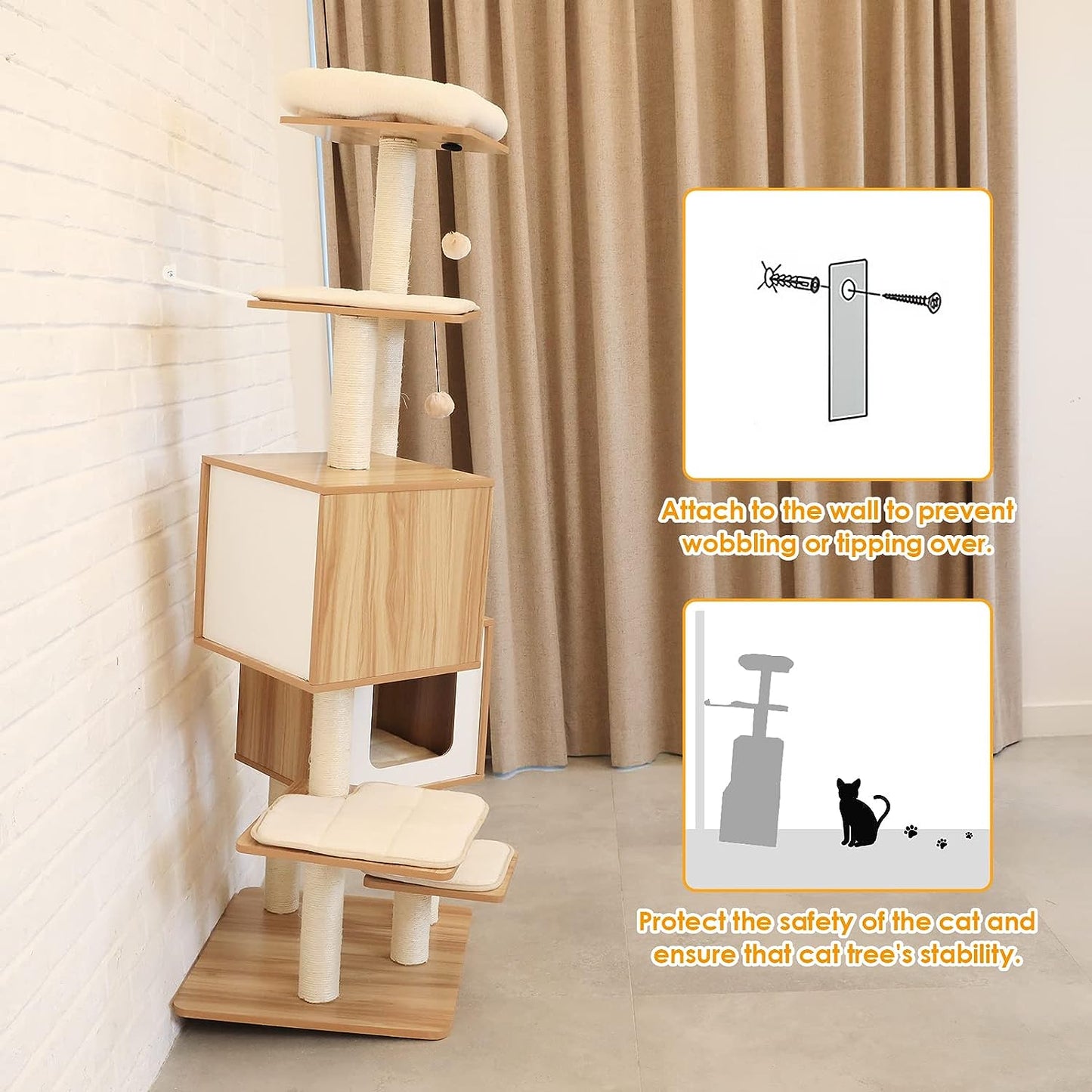 Arlopu 63" Modern Cat Tree Towers, Multi-Level Wooden Cat Climbing Stand Condo Furniture, Large Cat Activity Center House, w/Sisal Scratching Post, 2 Balls, Removable Mats, Perch, for Large Cats