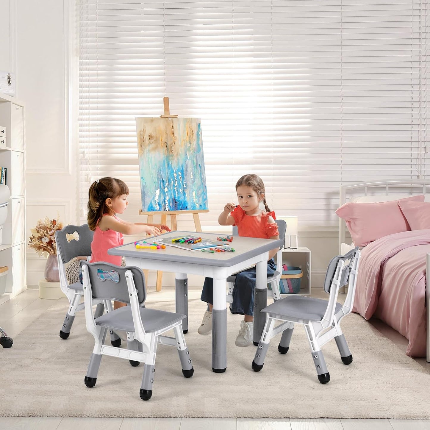 Arlopu Kids Study Table and Chair Set, Height Adjustable Children Desk and 4 Chairs Set, Toddler Multi-Activity Table Set for Reading, Drawing, Eating, Max 220lbs