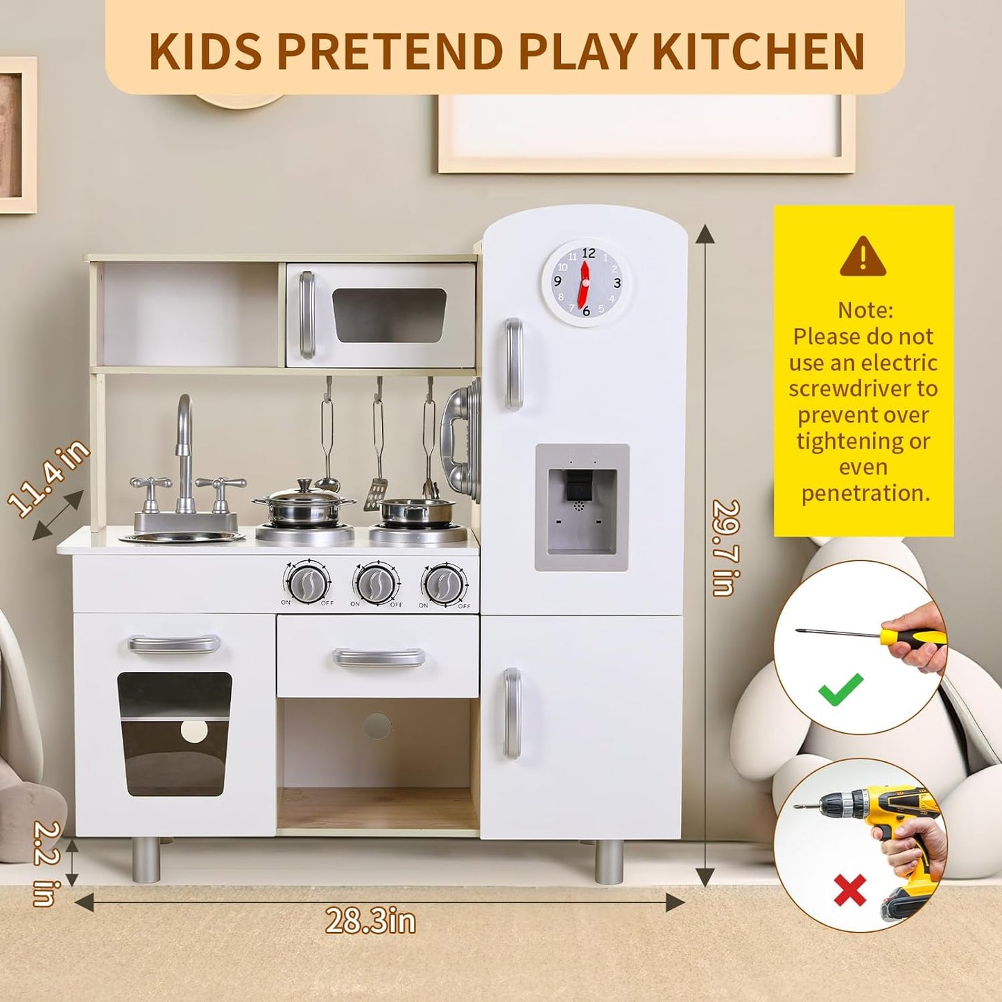 Arlopu Pretend Play Kitchen Wooden Toy Kitchen Playset for Kids with Telephone, Utensils, Oven, Microwave