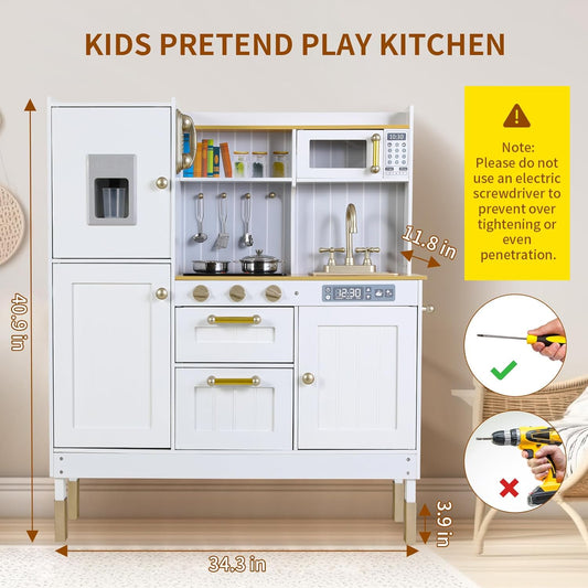 Arlopu Pretend Play Kitchen for Kids, Preschool Kitchen playsets, Wooden Cooking Playset with Realistic Light & Sound, Telephone, Stove, Microwave, Sink