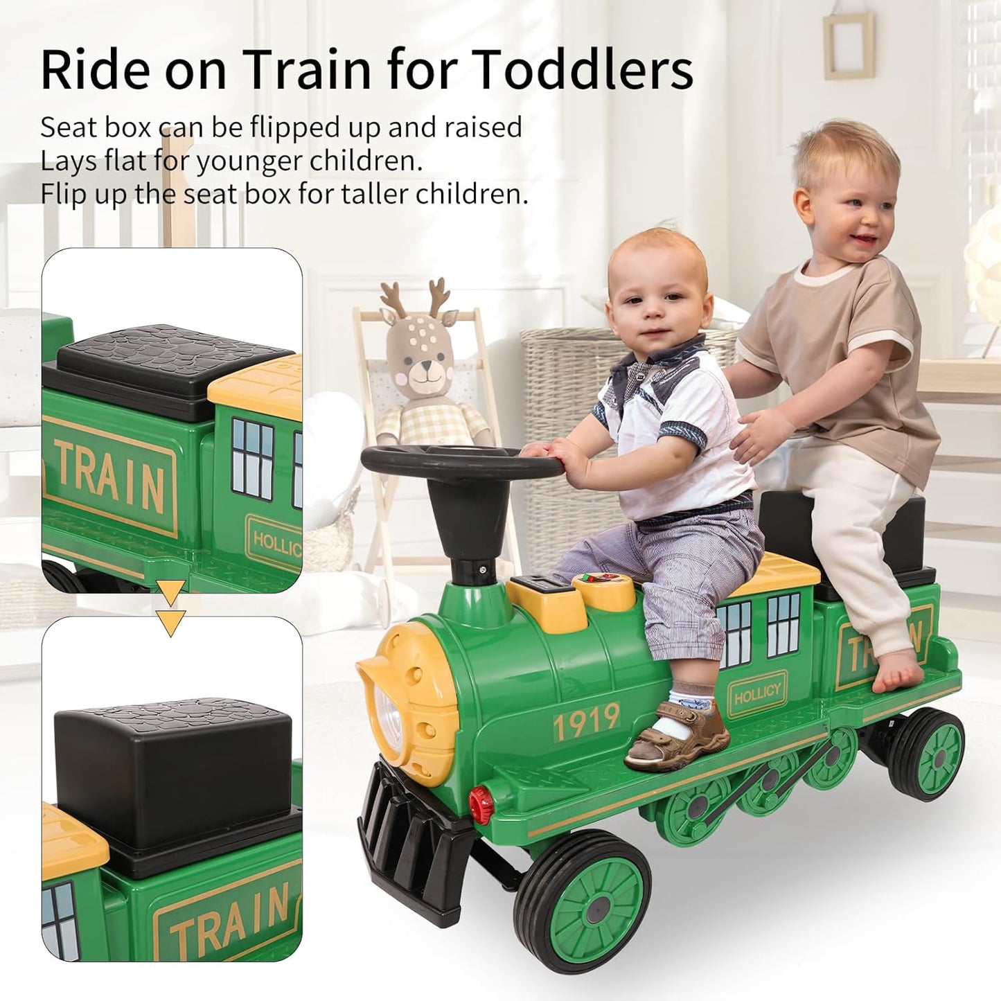 Arlopu Kids Ride on Train with Carriage, 3-Seater Powered Ride on Toy for Toddlers, Boys, Girls