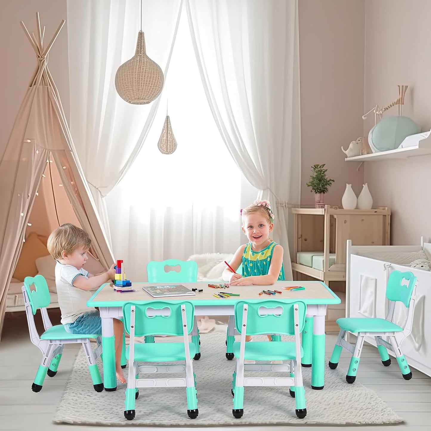 Arlopu Kids Table and Chairs Set, Plastic Toddler Play Table with 6 Chairs Set Graffiti Table for Daycare Classroom Playroom