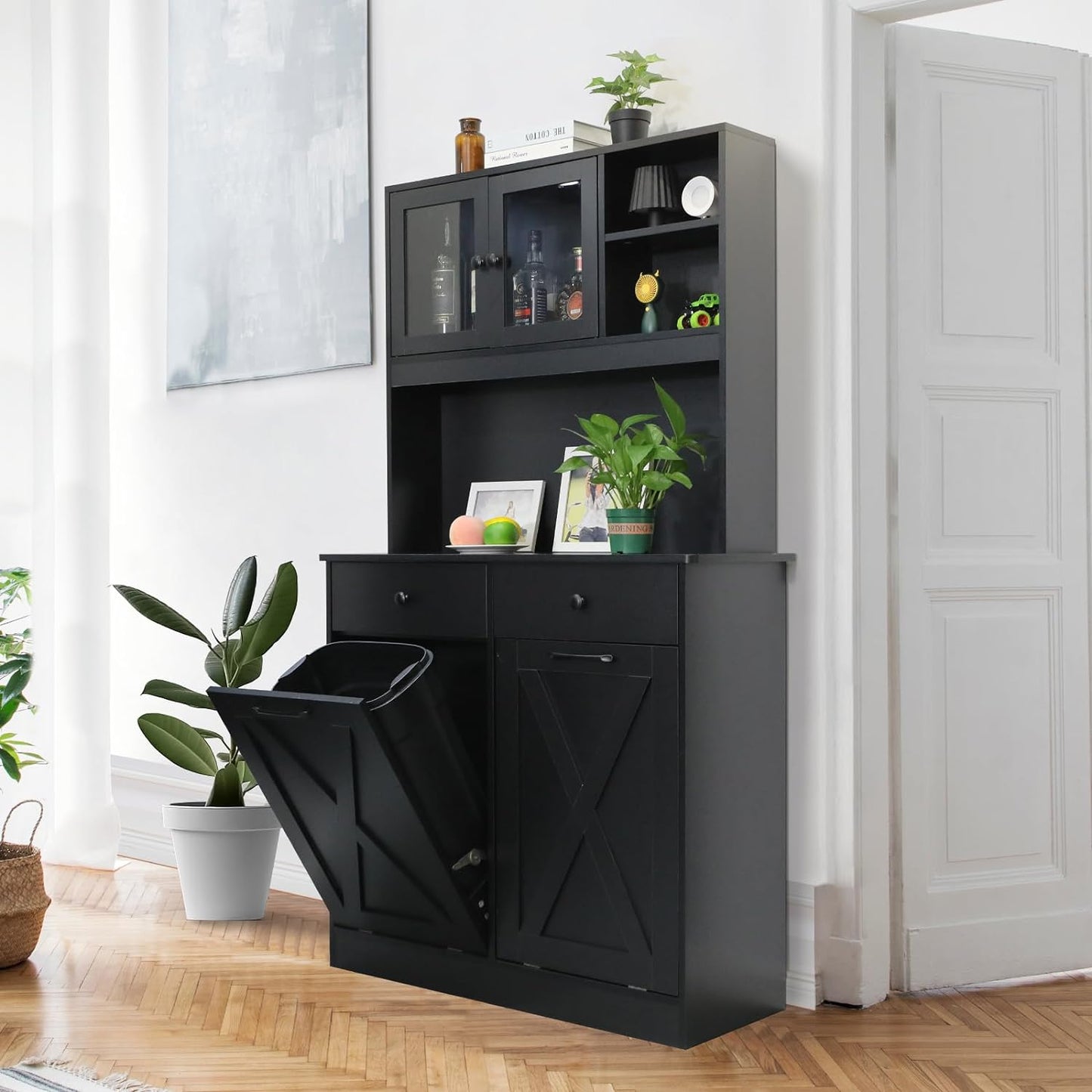 Arlopu Dual Tilt Out Trash&Storage Cabinet, Kitchen Sideboard Cupboard with Pet Proof 10X2 Gal Hidden Garbage Holder, Freestand Laundry Sort Cabinet