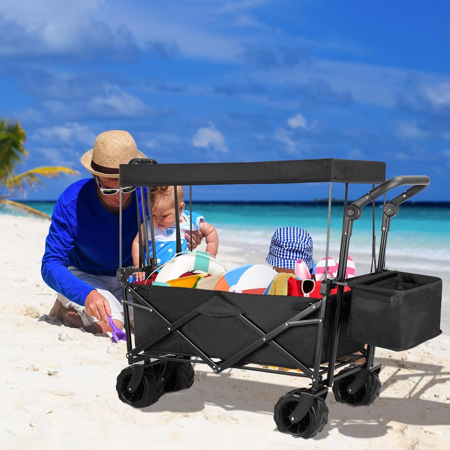 Arlopu Collapsible Wagon Cart Outdoor Folding Utility Garden Cart with All-Terrain Wheels and Removable Canopy