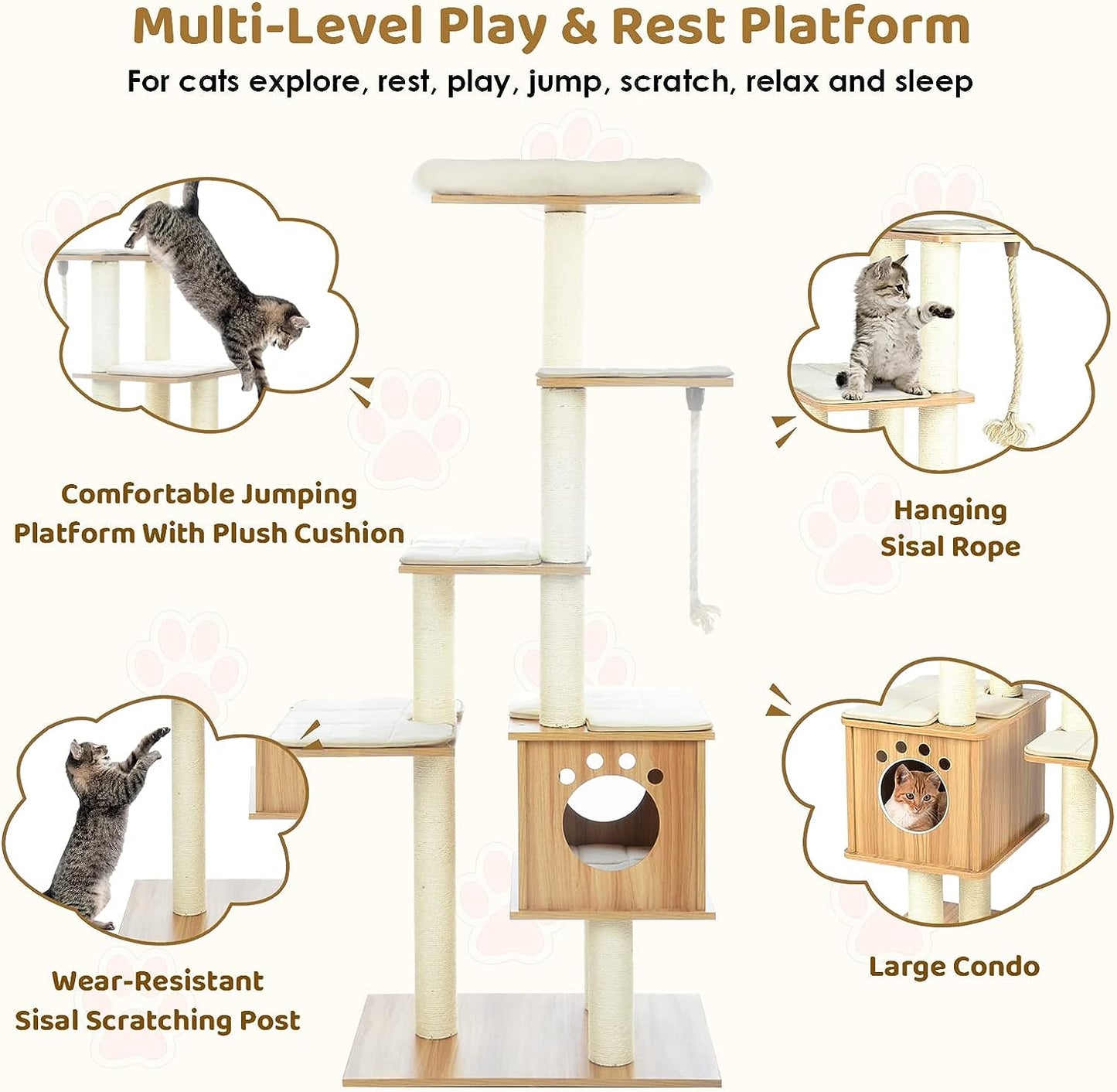 Arlopu 68'' Large Cat Tree, Multi-Level Wood Cat Tower Climbing Tree with Condo, Sisal Scratching Posts & Mats for Kitten, Large Cats