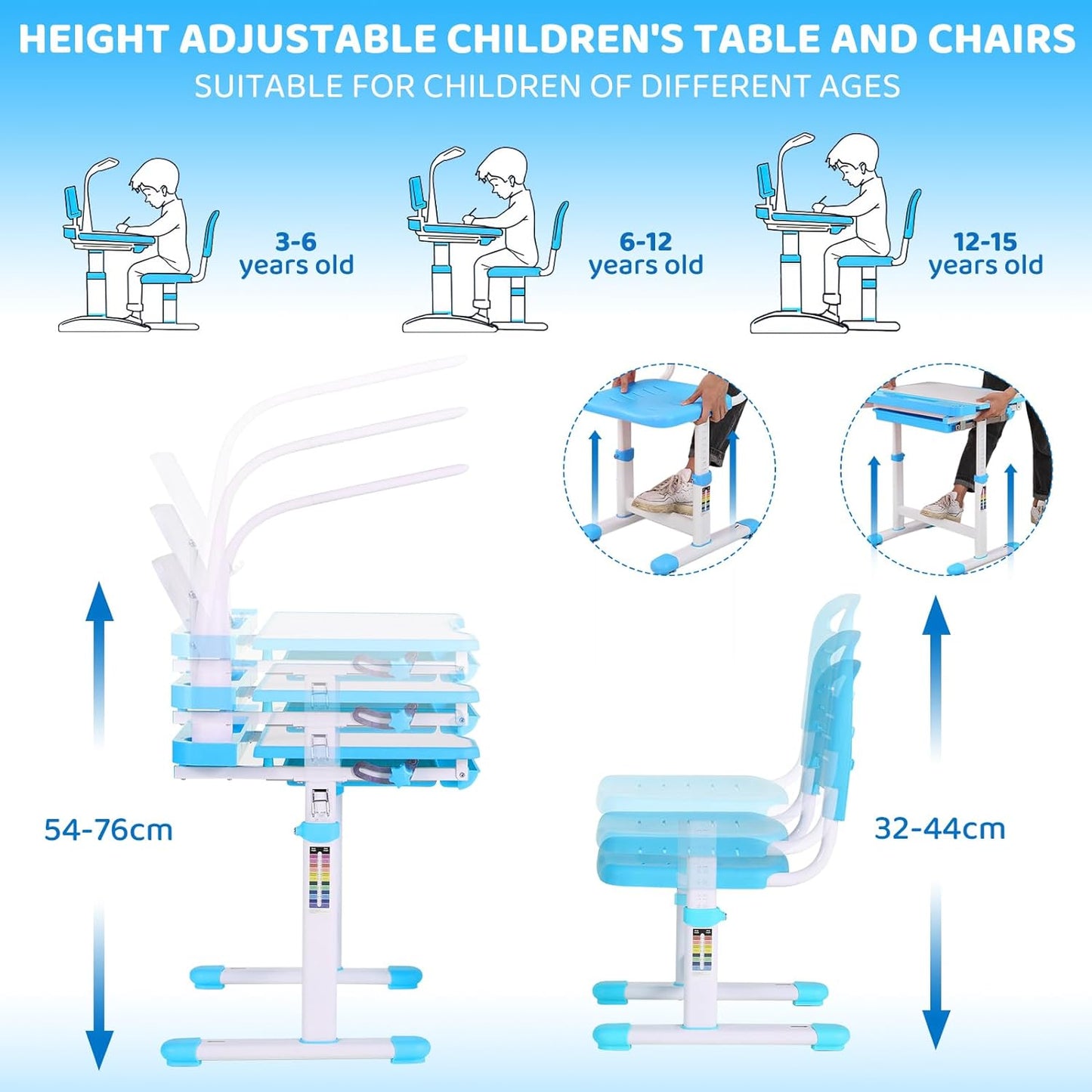 Arlopu Kids Desk and Chair Set, Adjustable Height Children Study Table  with LED Lamp, Tilt Desktop and Storage Drawer