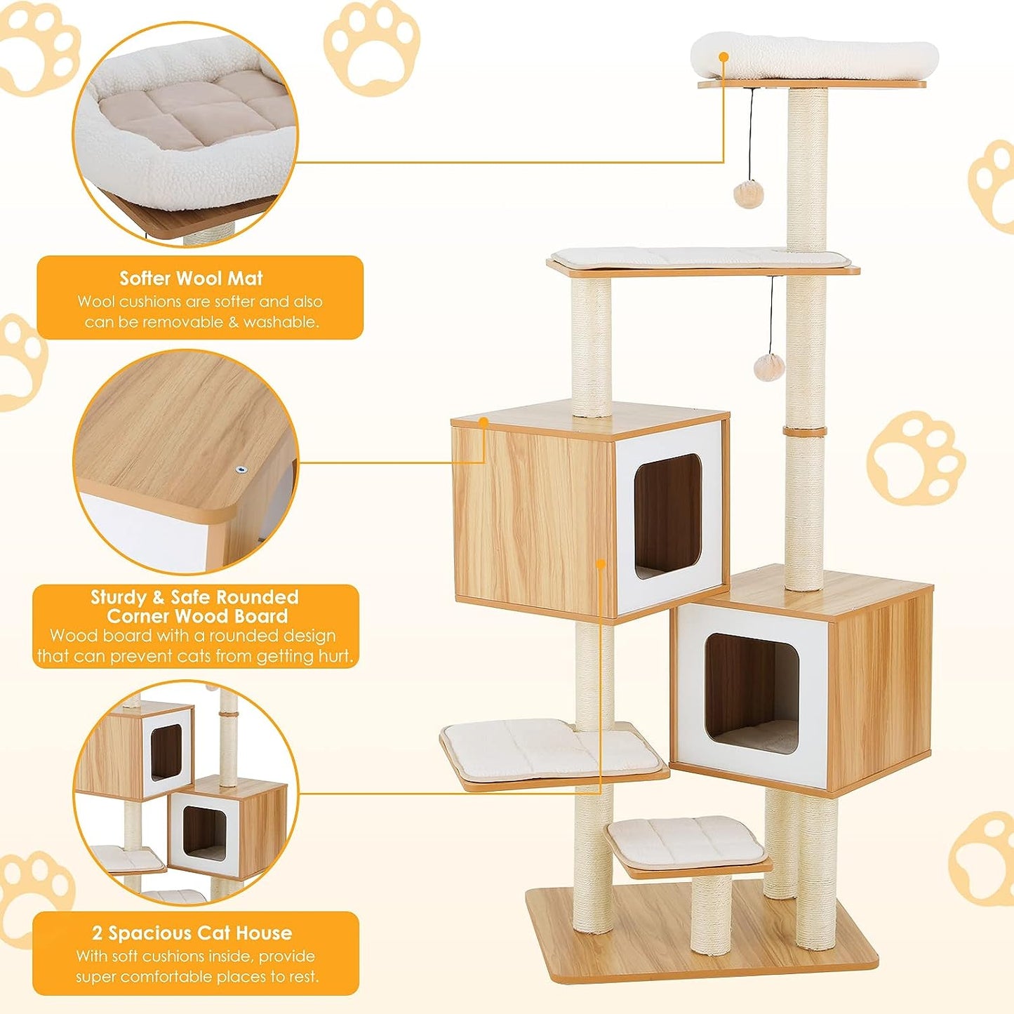 Arlopu 63" Modern Cat Tree Towers, Multi-Level Wooden Cat Climbing Stand Condo Furniture, Large Cat Activity Center House, w/Sisal Scratching Post, 2 Balls, Removable Mats, Perch, for Large Cats