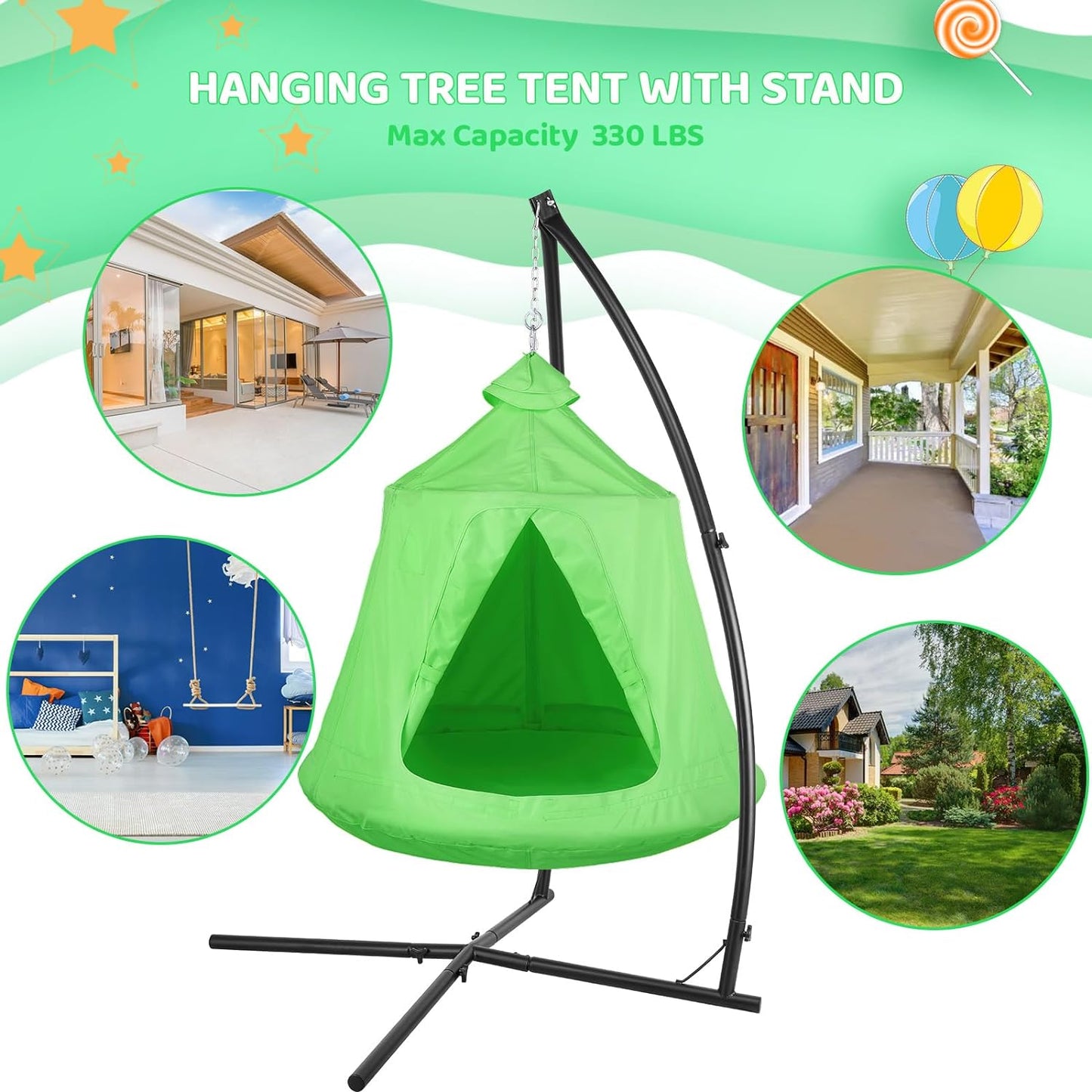 Arlopu X-Shaped Hammock Chair Stand w/ Swing Chair, Hanging Tree Tent Canopy w/ Steel Frame, Indoor Outdoor Egg Basket Patio Seat w/Adjustable Solid Stand, Bedroom Porch Balcony Garden 330lb