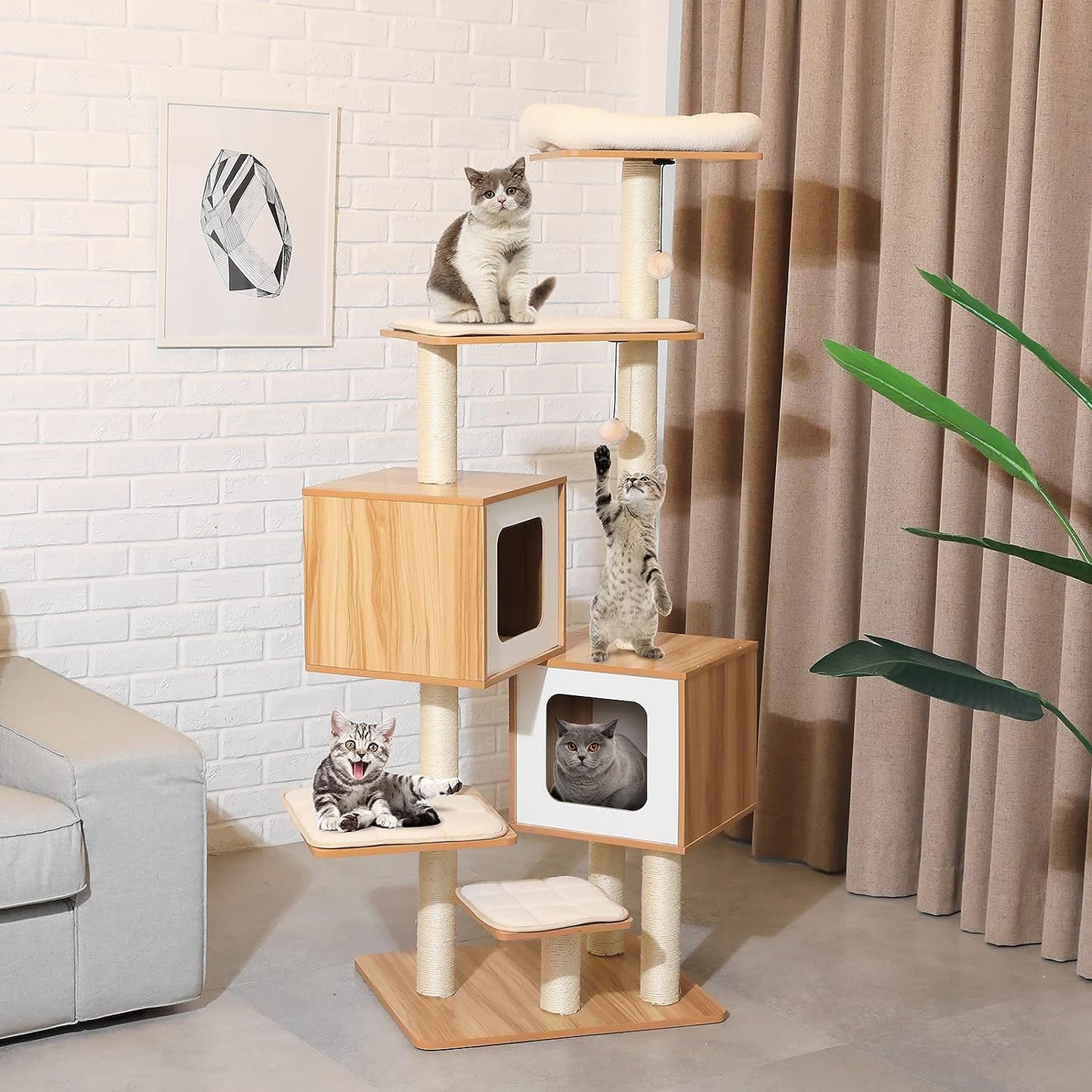 Arlopu 63" Modern Cat Tree Towers, Multi-Level Wooden Cat Climbing Stand Condo Furniture, Large Cat Activity Center House, w/Sisal Scratching Post, 2 Balls, Removable Mats, Perch, for Large Cats