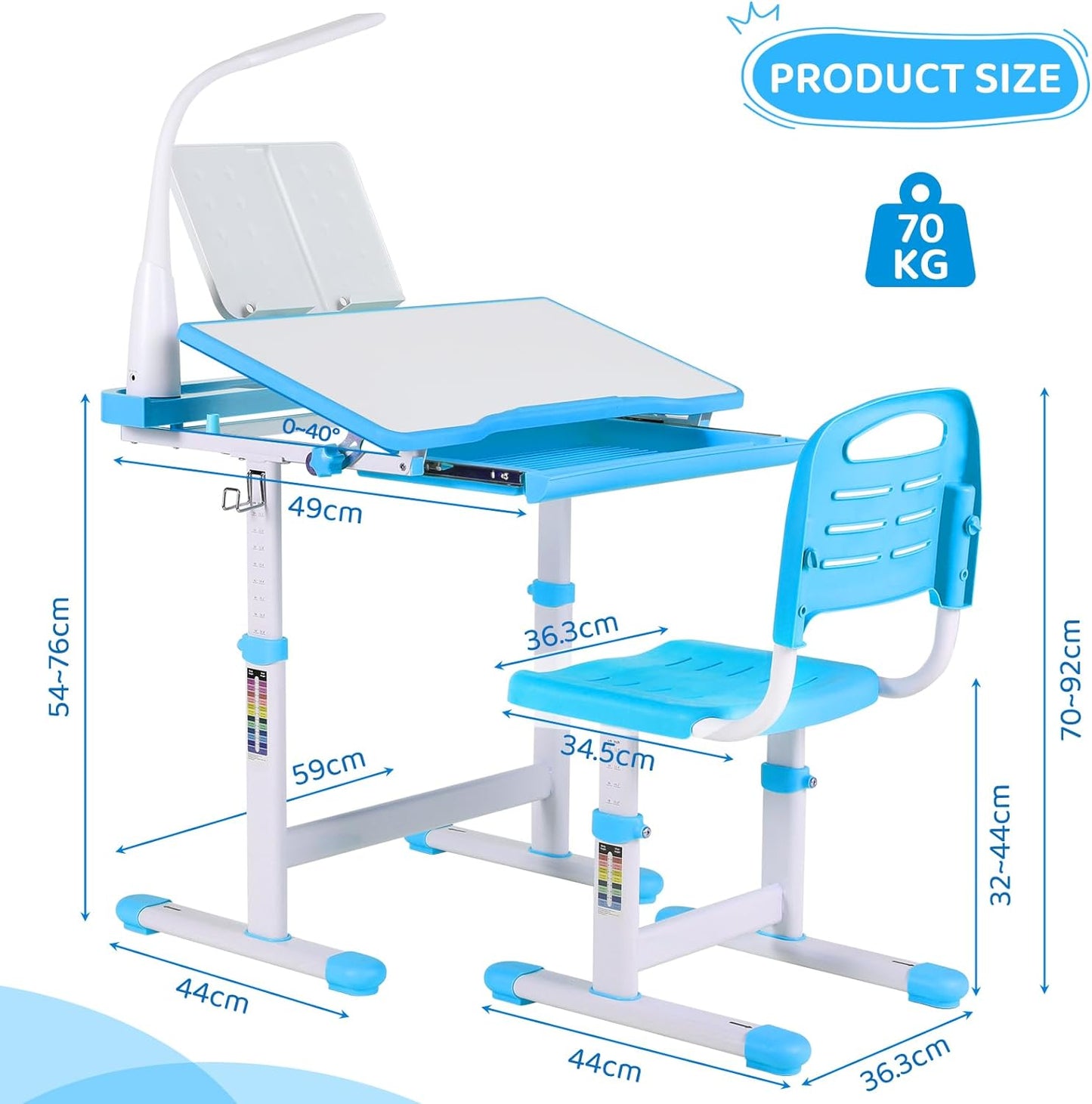 Arlopu Kids Desk and Chair Set, Adjustable Height Children Study Table  with LED Lamp, Tilt Desktop and Storage Drawer