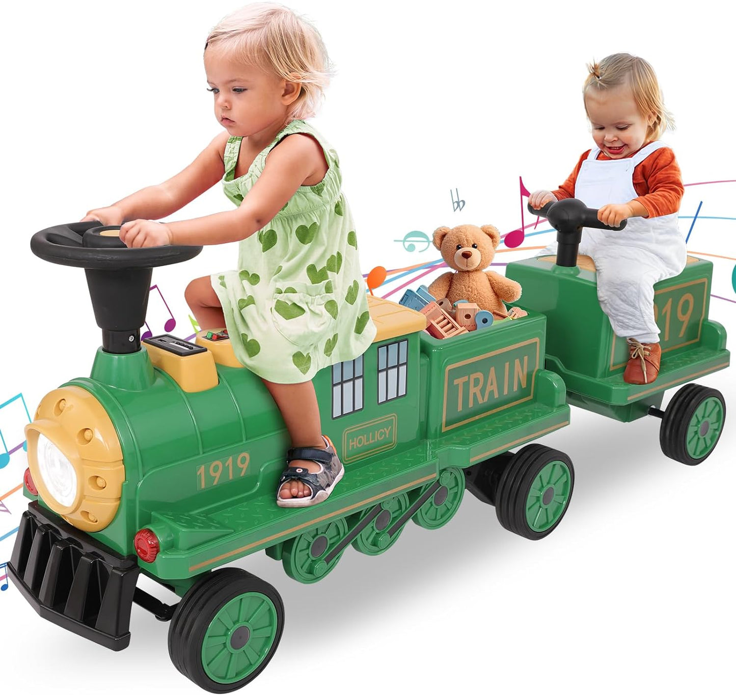 Arlopu Kids Ride on Train with Carriage, 3-Seater Powered Ride on Toy for Toddlers, Boys, Girls