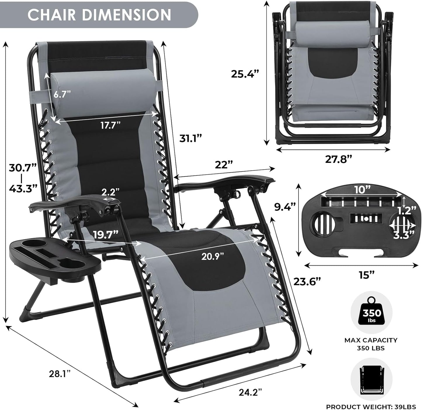 Arlopu Padded Zero Gravity Chair, Set of 2 Foldable Outdoor Patio Recliner, Anti Gravity Adjustable Lounger w/Removable Pillows and Cup Holder Side Tables, 350lbs