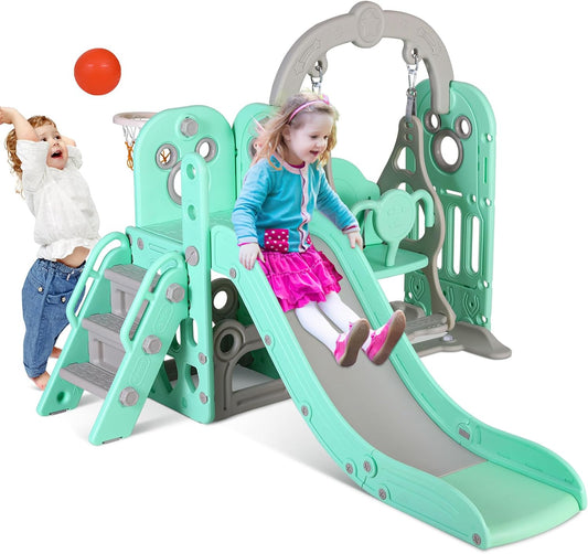 Arlopu Swing Slide for Kids, 5 in 1 Slide Climber for Toddler, with Ball & Hoop, Storage Space, Suction Cup Reinforced Base, Indoor Outdoor Playground, Toy for Boys and Girls