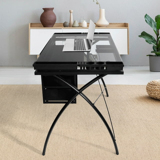 Arlopu Tempered Glass Adjustable Drafting Table with Storage Drawers, Steel Frame Drawing Table