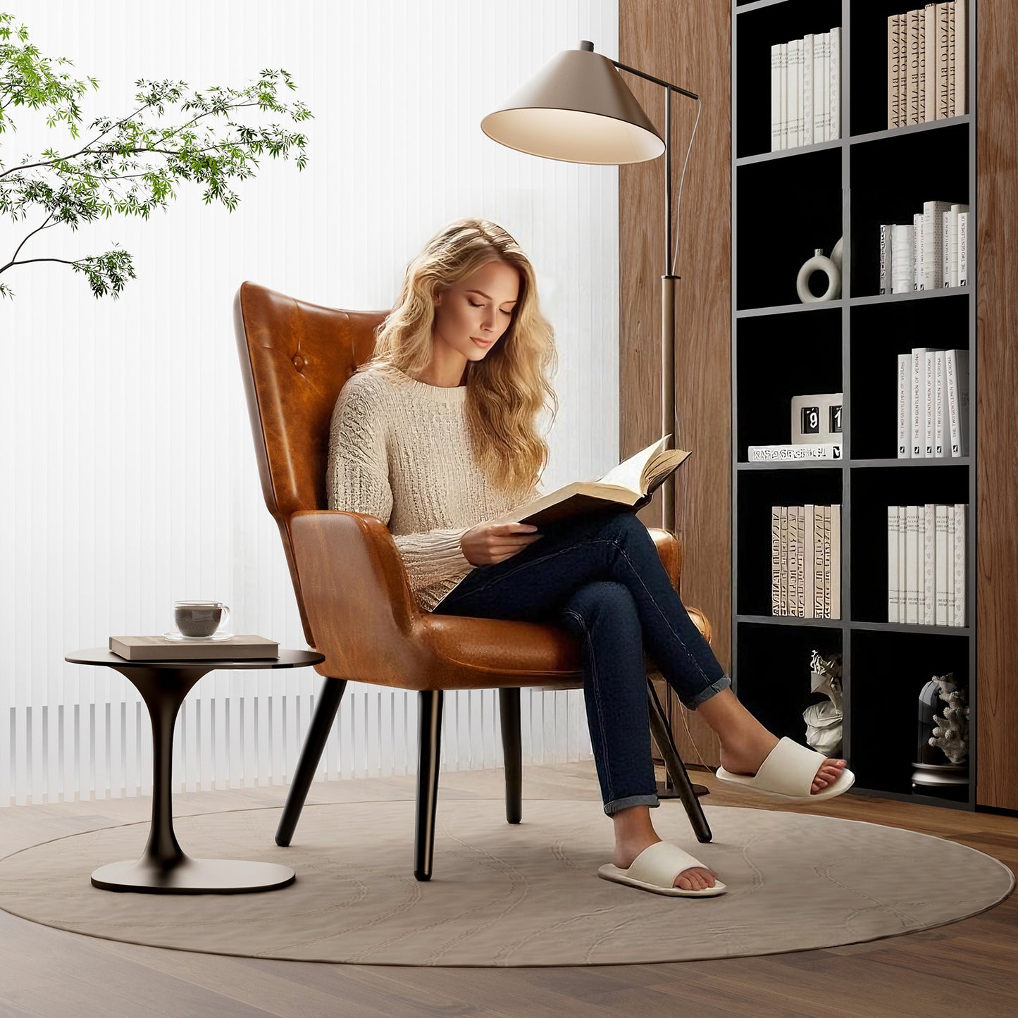 Arlopu 2pcs Accent Chairs, PU Leather Comfy Upholstered Armchair, High Backrest Living Room Chair, Wingback Chair Mid Century Modern for Living Room/Vanity/Bedroom, Brown