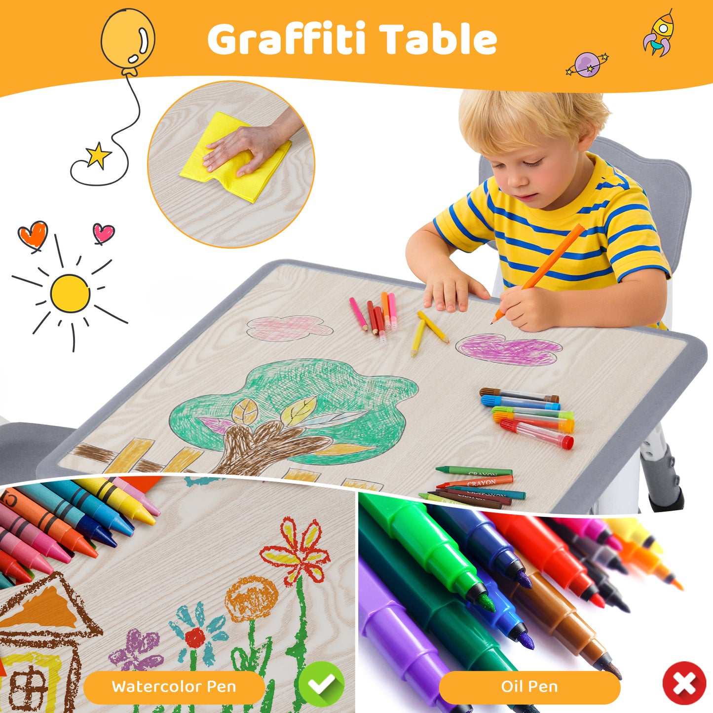 Arlopu Kids Table and 2 Chairs Set, Height-Adjustable Toddler Table and Chairs Set with Graffiti Desktop, Toddler Activity Table for Daycare/ Classroom/Home