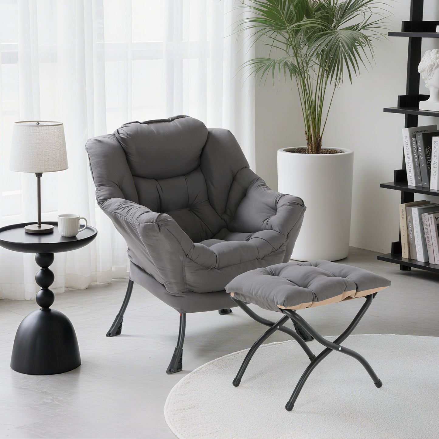 Arlopu Lazy Chair with Ottoman, Comfy Lounge Chair, Oversized Reading Armchair with Folding Footrest & Side Pocket for Living Room, Bedroom, Office