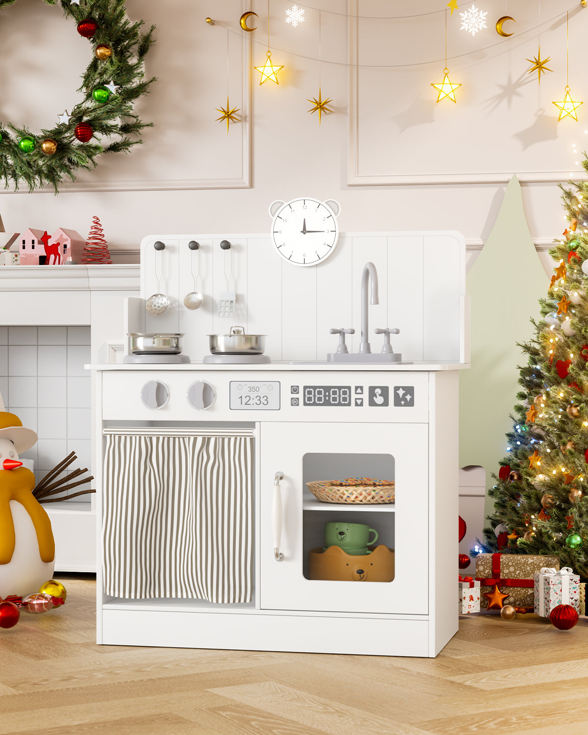 Arlopu Kids Pretend Play Kitchen Set, Wooden Kitchen Playset with Cookwares for Boys & Girls