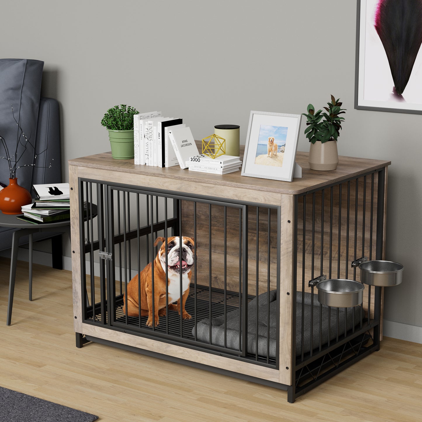 Arlopu Furniture Style Dog Crate with 2 Stainless Steel Bowls Wooden End Table Dog Cage Indoor Dog Kennel with Pull-Out Tray for Small Medium Dogs Under 70 lbs