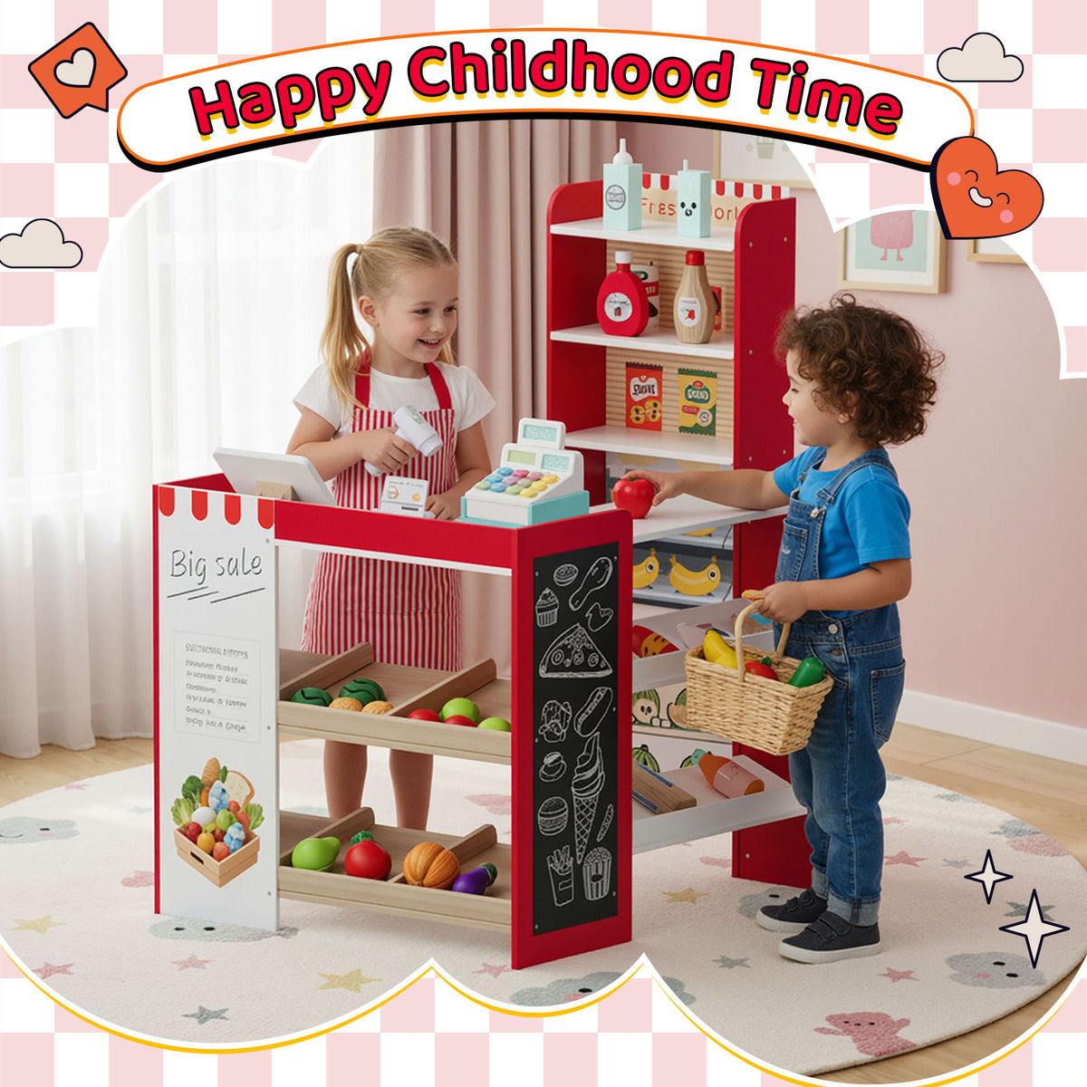 Arlopu Kids Pretend Play Grocery Store Wooden Supermarket Set with Chalkboard, Cash Register, Display Shelves & Play Food Accessories, Gift for Toddlers 3+