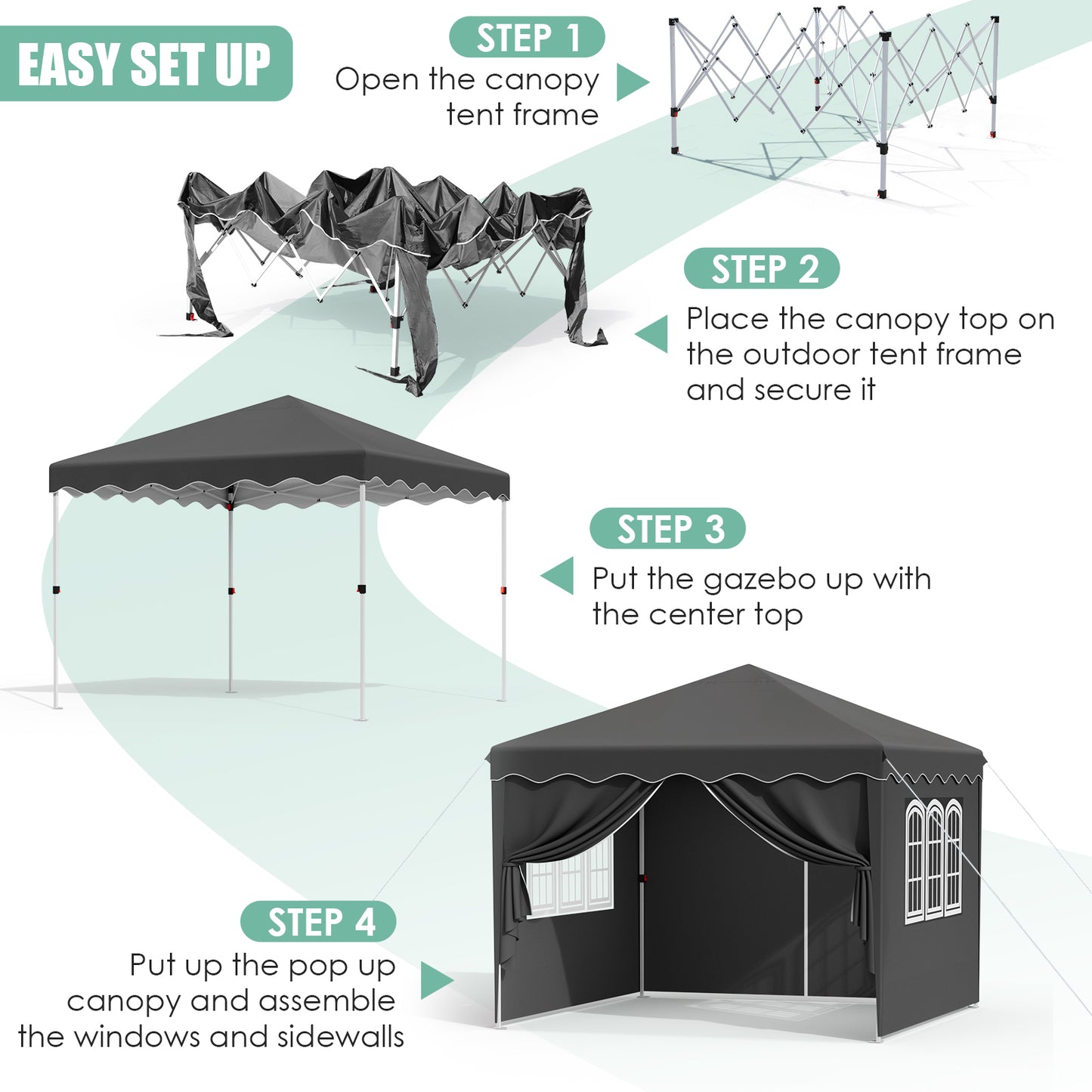 Arlopu 10'x10' Pop Up Canopy Tent with Sidewalls, Outdoor Instant Canopy Shelter Tent Gazebo with Carry Bag, Stakes, Ropes & Sandbags