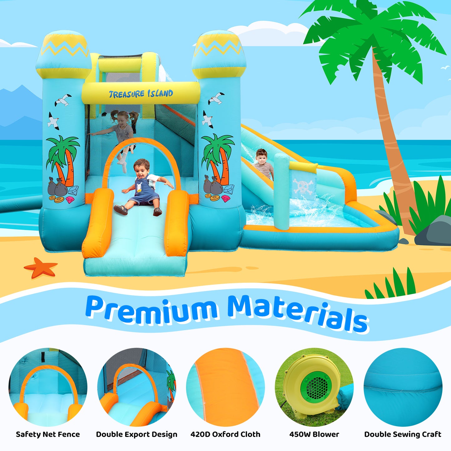 Arlopu Inflatable Bounce House for Kids with Blower, Children's Castle Bounce House with Water Slide, Bouncing Area & Splash Pool for Indoor Outdoor Use