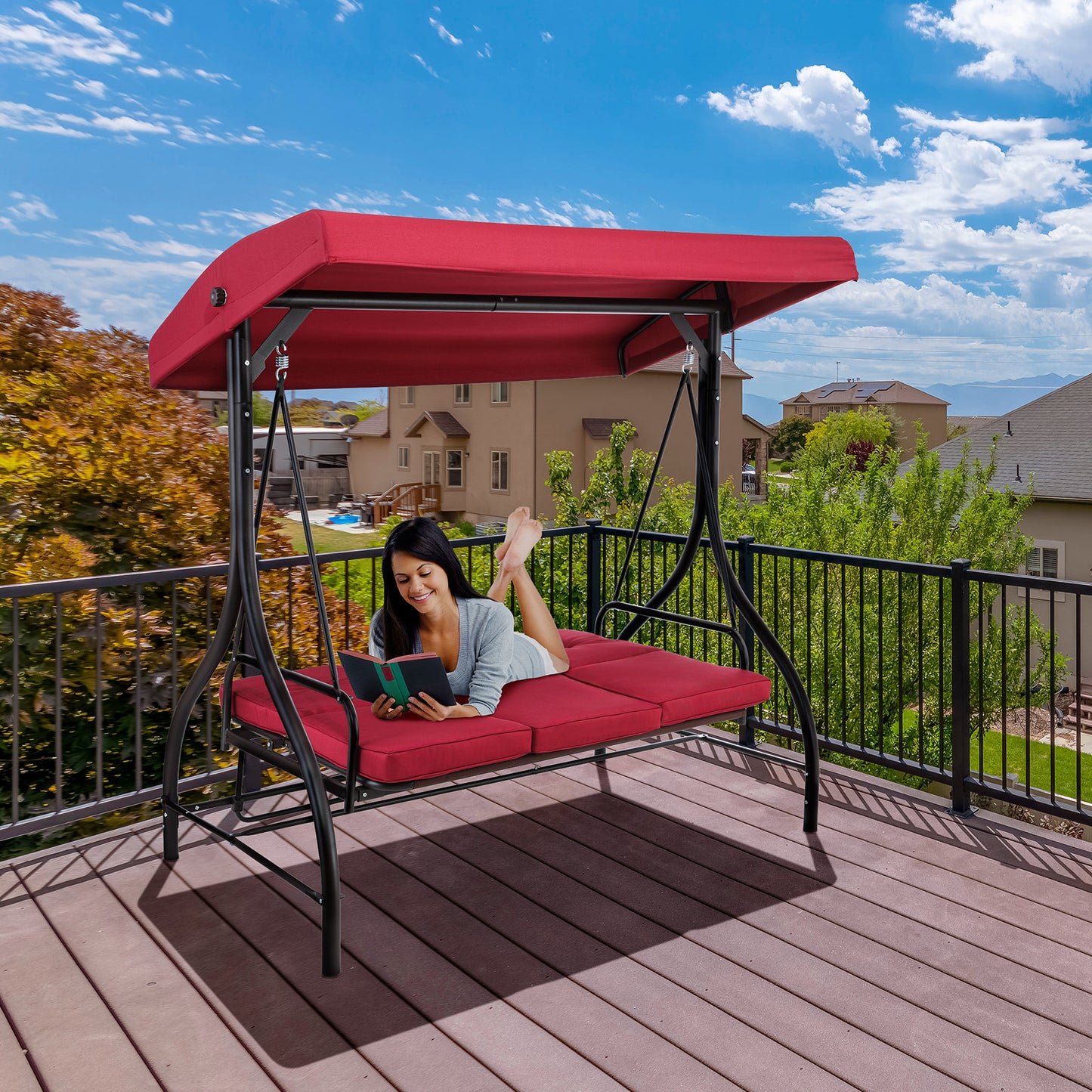 Arlopu Outdoor 3-Seat Patio Swing, Porch Swings, Backrest Bench Swing Sets, Glider Swing Bed Chair