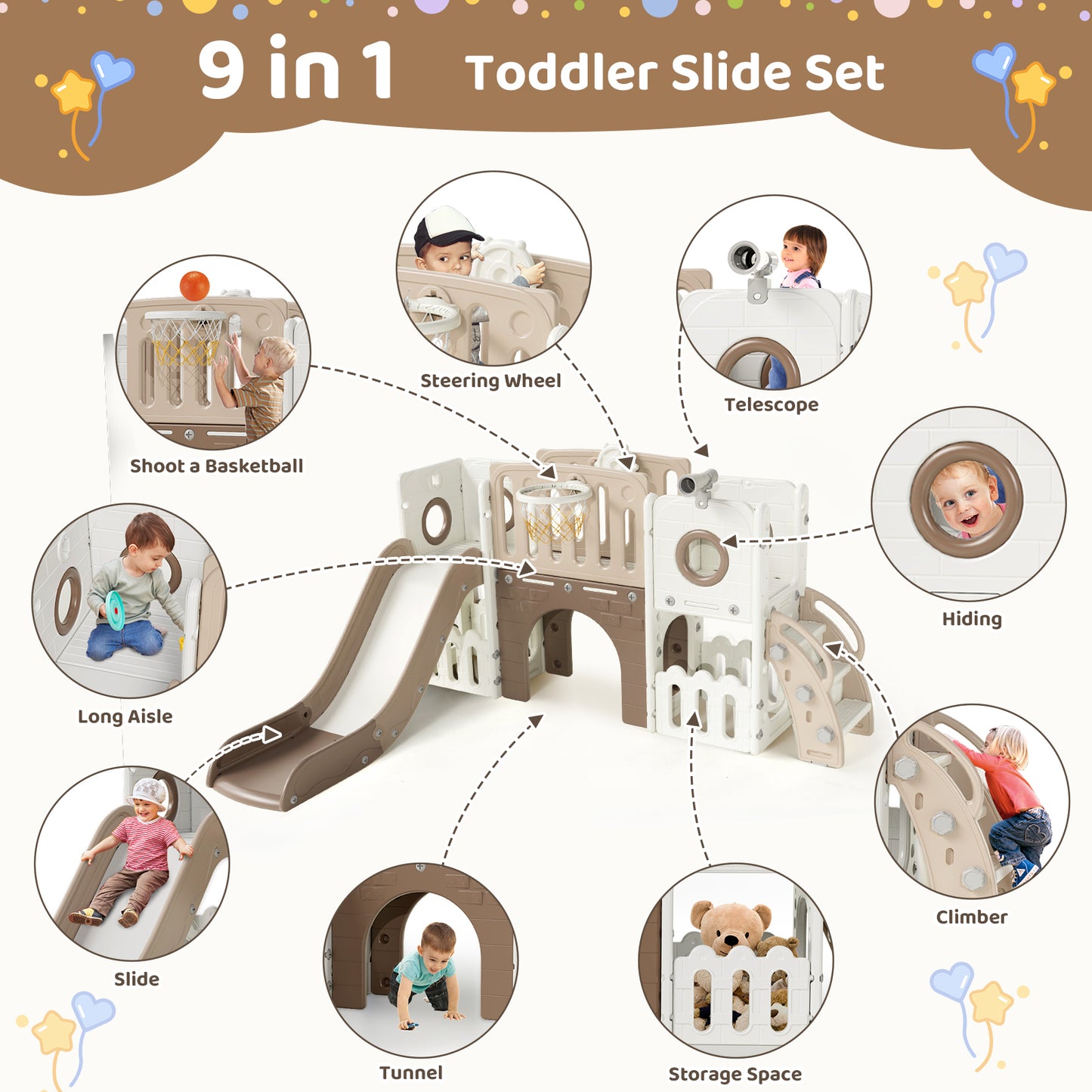 Arlopu 9-in-1 Kids Slide Set, Toddler Climber Slide Playset with Slide, Climber Pedals, Telescope, Basketball Hoop and Balls, Indoor Outdoor Freestanding Slides