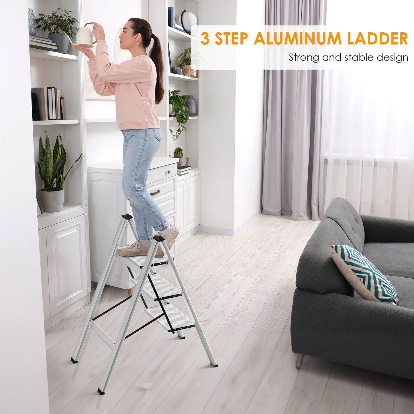 Arlopu 3 Step Ladder, Folding Step Stool with Wide Anti-Slip Pedals, Aluminum Portable Lightweight Ladder for Home, Kitchen, Office, Sturdy Temporary Storage Shelf Rack, Max Capacity 330lbs, Silver