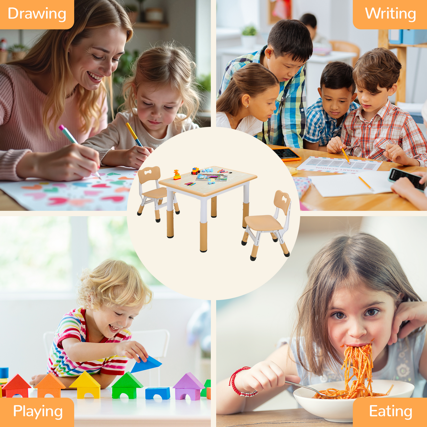 Arlopu Kids Table and 2 Chairs Set, Height-Adjustable Toddler Table and Chairs Set with Graffiti Desktop, 31.5"L x 23.6"W Children Activity Table for Daycare/Classroom/Home