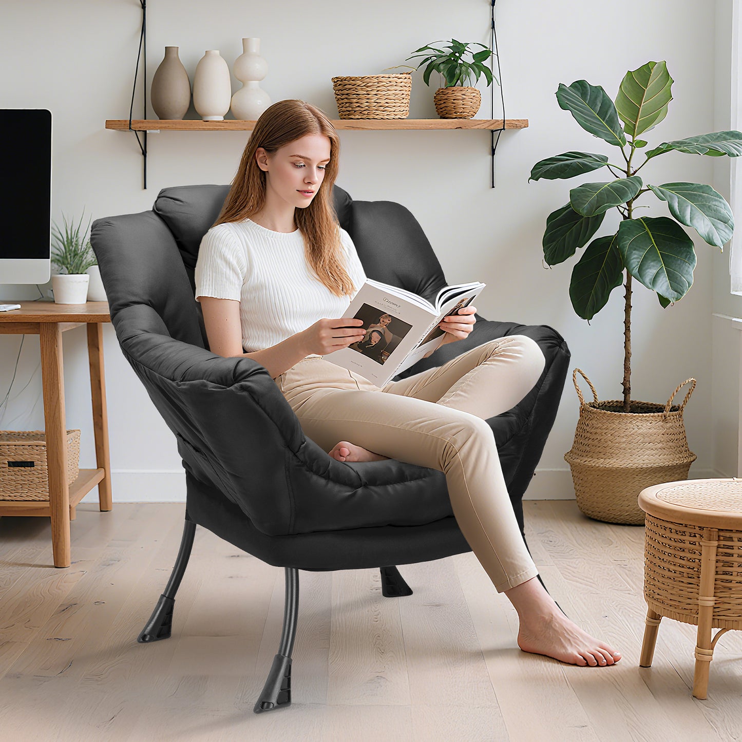 Arlopu Lazy Chair, Modern Lounge Reading Chair with Side Pocket, Upholstered Armchair for Living Room, Bedroom and Dorm