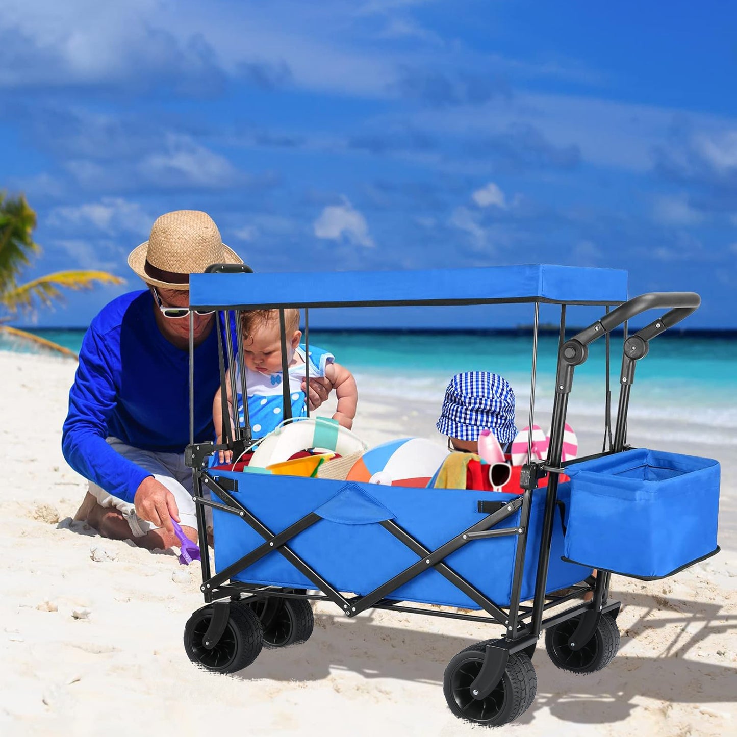 Arlopu Foldable Utility Wagon Cart Beach Utilit Cart with 7" Wide All-Terrain Wheel