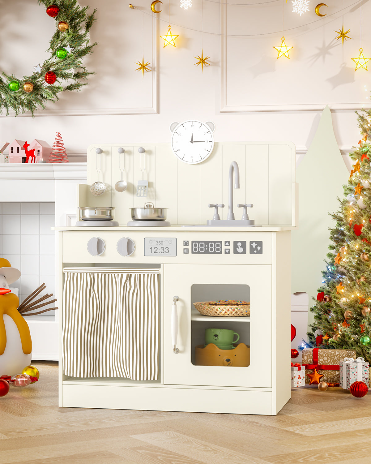 Arlopu Kids Pretend Play Kitchen Set, Wooden Kitchen Playset with Cookwares for Boys & Girls