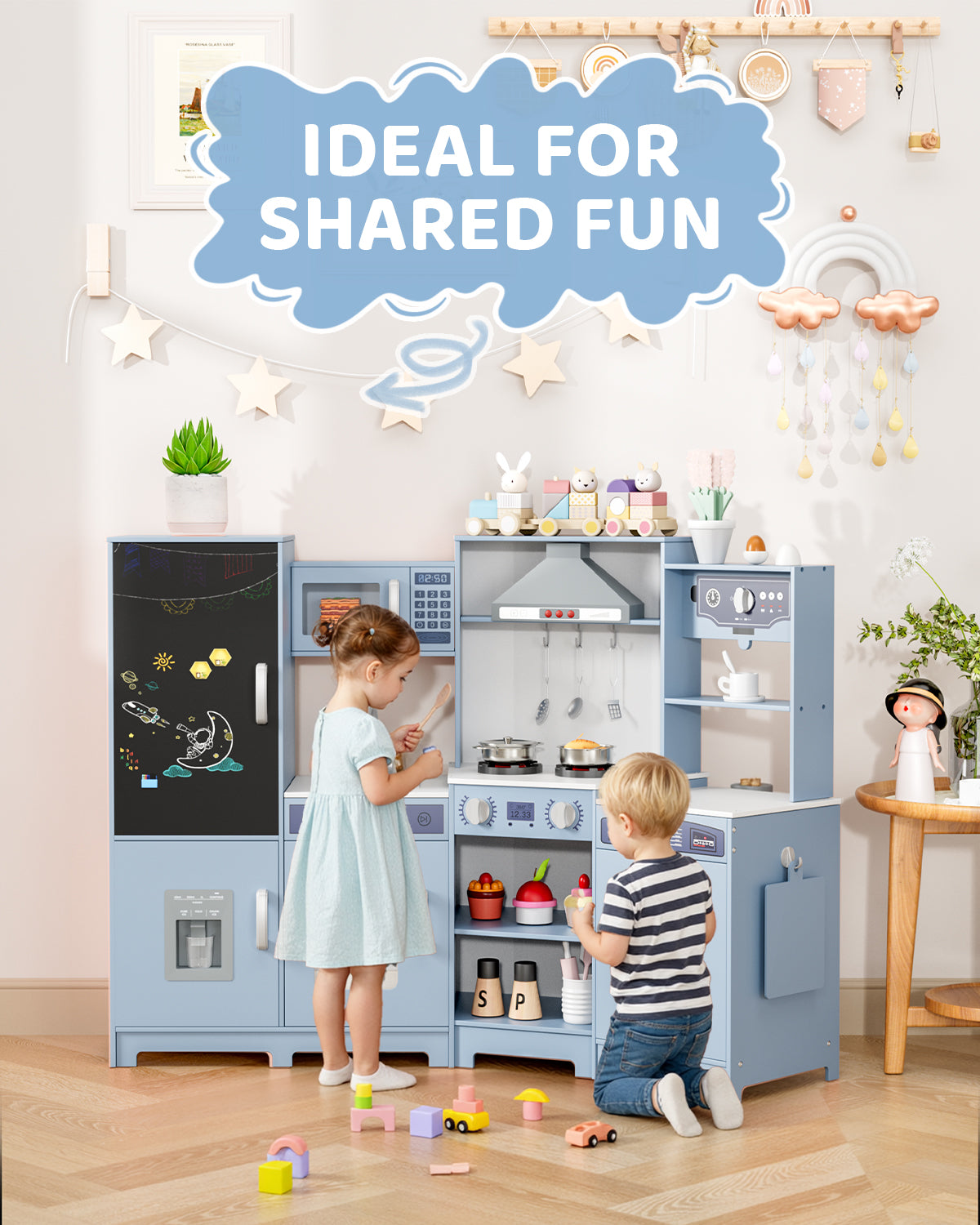 Arlopu Kids Corner Play Kitchen, Ultimate Interactive Wooden Kitchen Playset with Lights & Sounds, Cooking Toy Set with Stove, Range Hood, Sink, Faucet, Ice Maker & Washing Machine