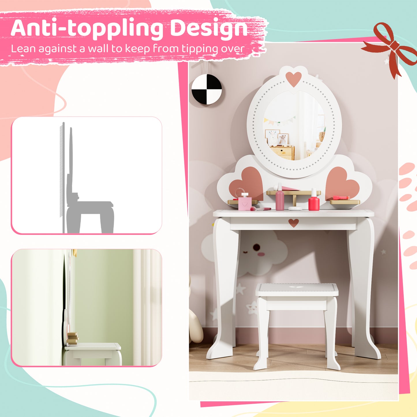 Arlopu 2-in-1 Kids Vanity Table and Chair Set with Mirror, Toddler Vanity Table Set with 8pcs Pretend Play Accessories, Convertible Makeup Desk Toy for Little Girls 3+