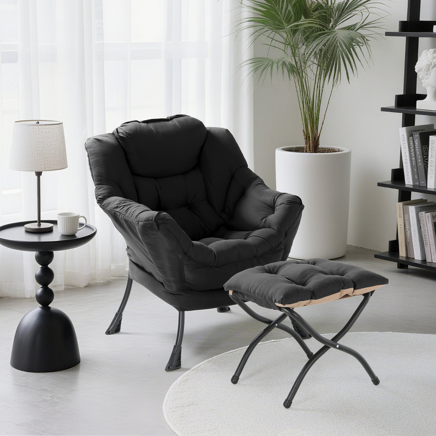 Arlopu Lazy Chair with Ottoman, Comfy Lounge Chair, Oversized Reading Armchair with Folding Footrest & Side Pocket for Living Room, Bedroom, Office