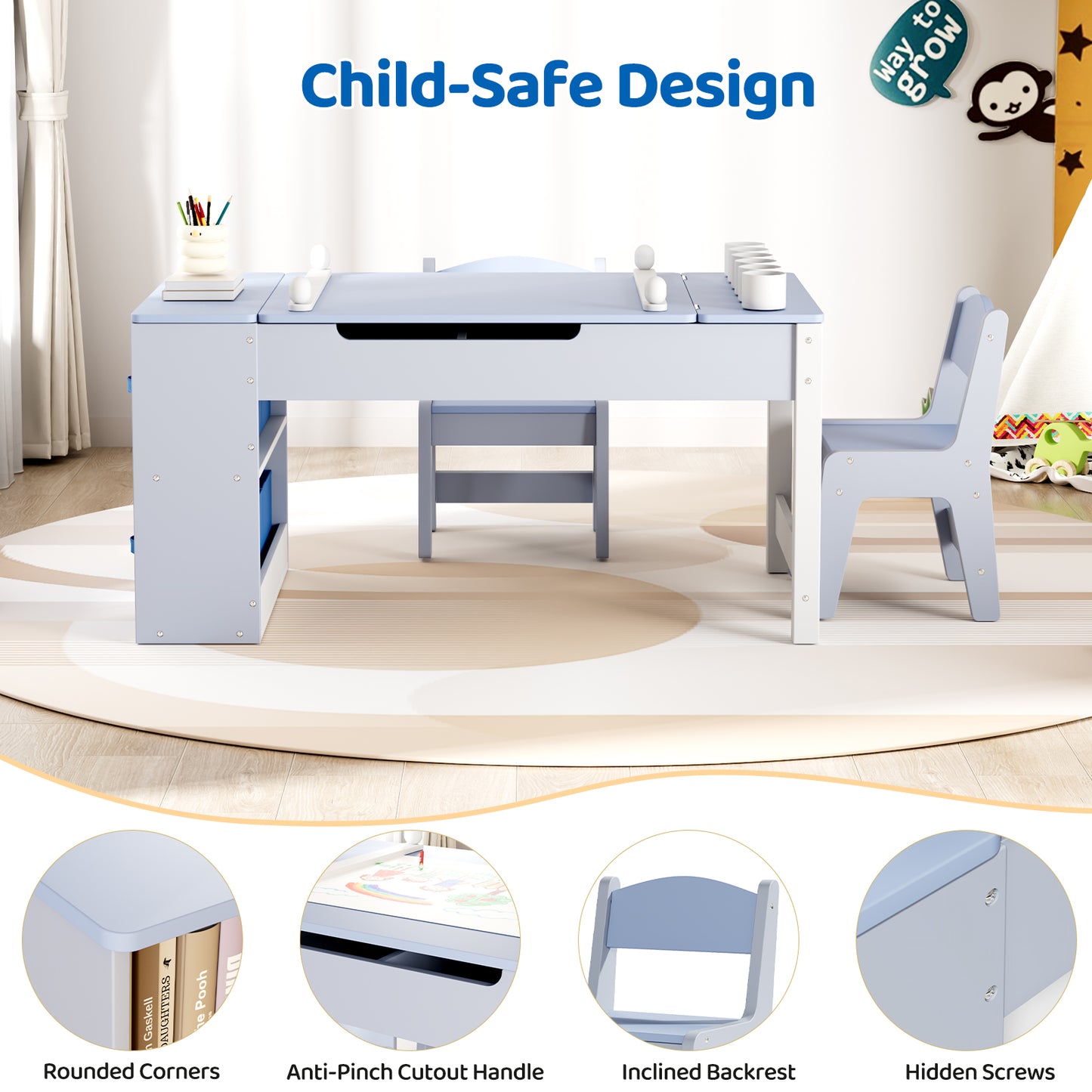 Arlopu 3 in 1 Activity Craft Table Set Kids Wooden Drawing Table Set with Art Easel Adjustable Tilt, 6 Storage Bins, 6 Paint Cup